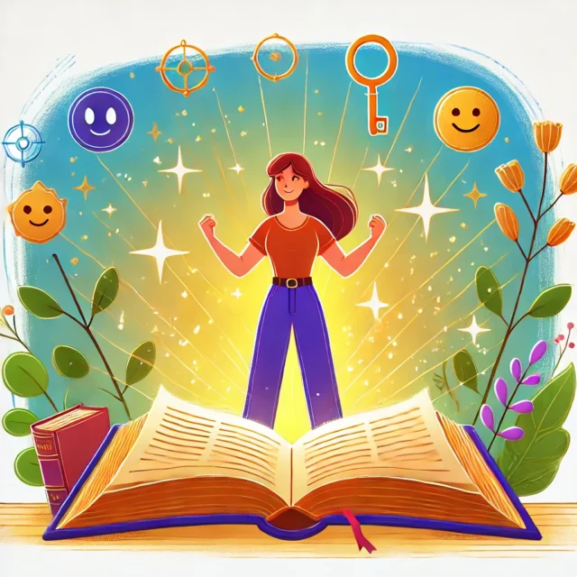 Pilha de livros coloridos e femininos em uma mesa de madeira com flores ao lado