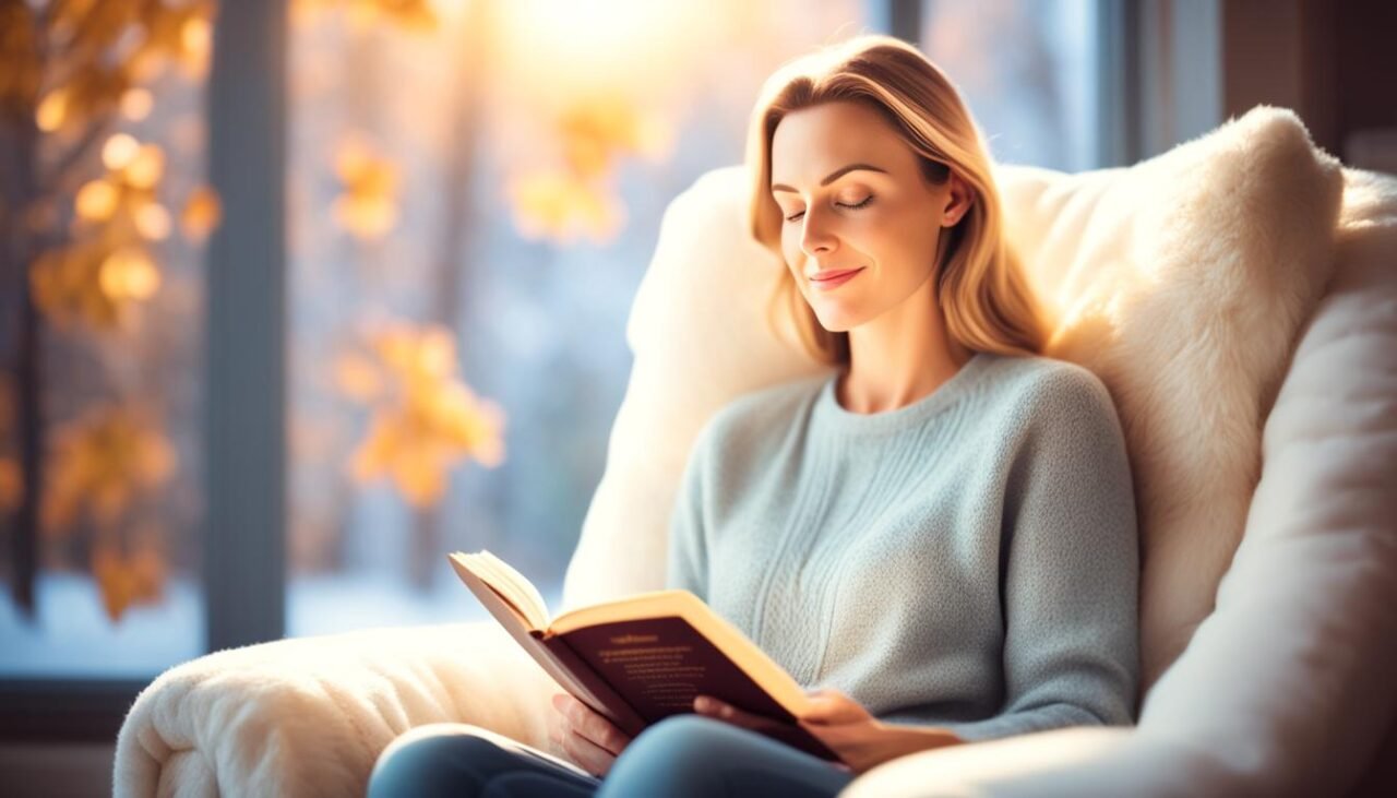 Pessoa lendo um livro com expressão de paz e inspiração
