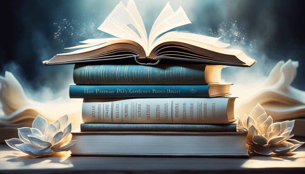 Pilha de livros espíritas iluminados por uma luz suave, representando conhecimento espiritual