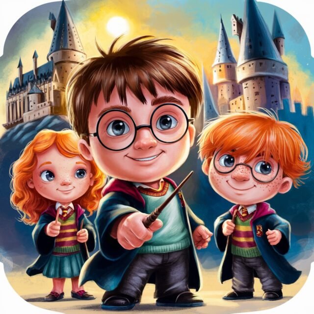 Desvendando a Biblioteca de Hogwarts: Quantos Livros tem Harry Potter? Harry Potter with Friends: A colorful cartoon illustration showing Harry Potter holding his wand, with Hogwarts castle in the backgrou