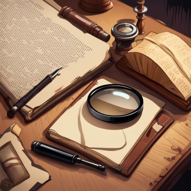 Pilha de livros de suspense e mistério sobre uma mesa de madeira escura com iluminação dramática