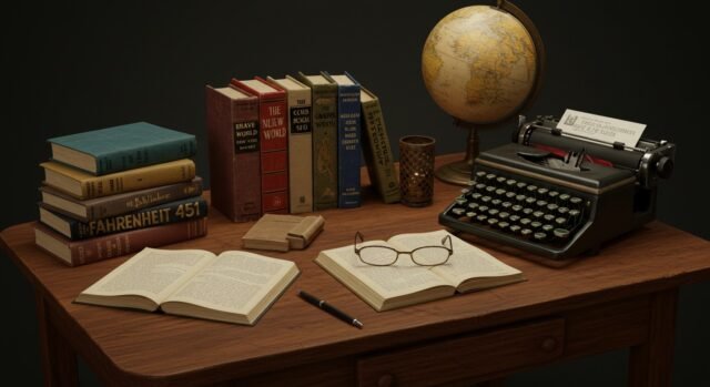 Pilha de livros clássicos antigos e modernos sobre uma mesa de madeira