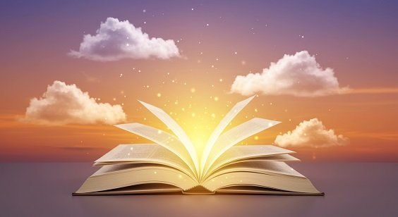 Um livro aberto sobre uma mesa escura, de onde emana uma luz dourada, representando o conhecimento dos livros espíritas para iniciantes.