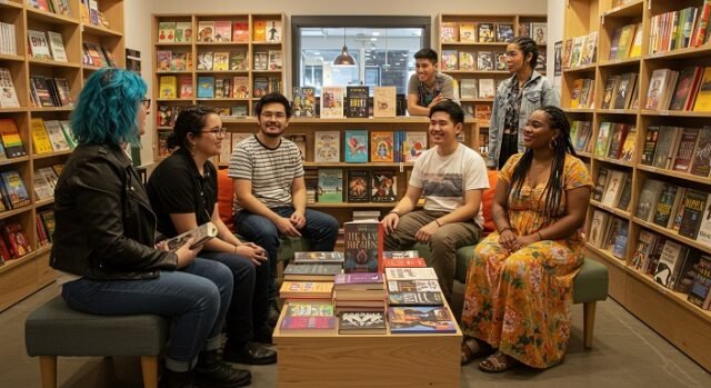 Jovens diversos lendo livros com temática LGBT em uma livraria aconchegante, representando os melhores livros LGBT.
