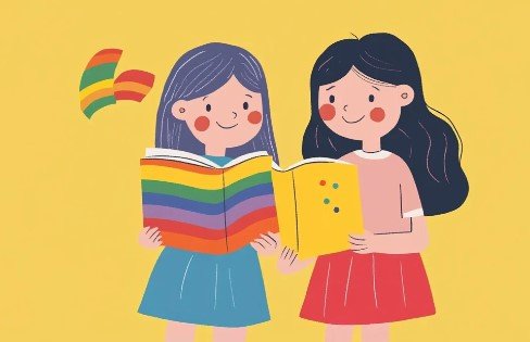 Ilustração fofa de casal lendo juntos um livro com capa arco-íris, mostrando a representatividade nos livros LGBT.