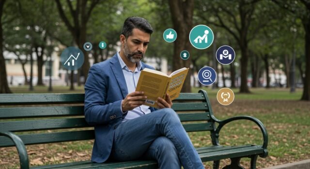 Homem lendo um livro em um ambiente calmo, simbolizando reflexão e crescimento pessoal