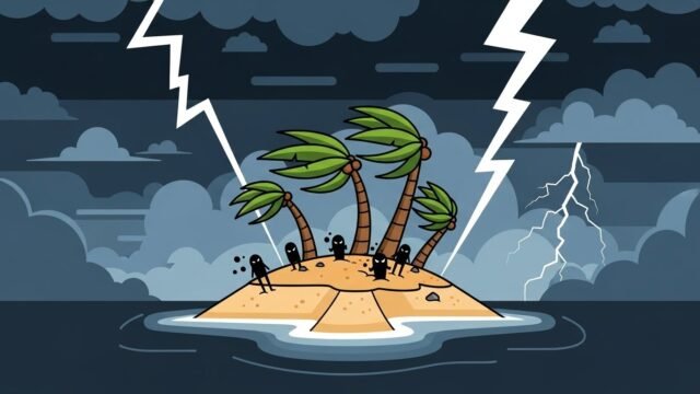 Ilha deserta e isolada com figuras (silhuetas) de pessoas desaparecendo uma a uma, sob um céu sombrio e tempestuoso, representando o suspense psicológico.