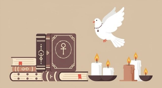 Ilustração de livros sobre Umbanda ao lado de velas acesas e uma pomba branca, simbolizando a paz e o estudo da religião.