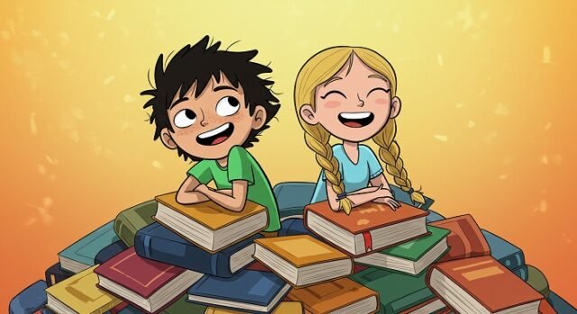 Adolescente lendo um livro de aventura com expressão de surpresa