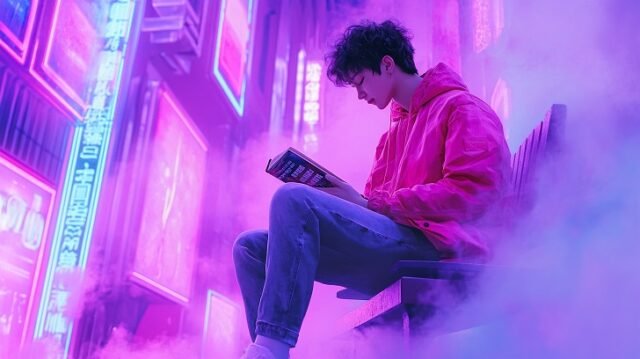 Ilustração de uma pessoa lendo um livro de ficção em um mundo digitalizado, mostrando a relevância da ficção em 2025.