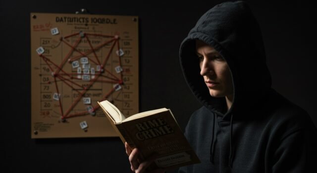 Pessoa lendo um livro de suspense em ambiente escuro e misterioso