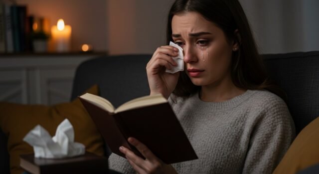 Uma mulher lendo um livro intensamente, representando livros que prendem a atenção.